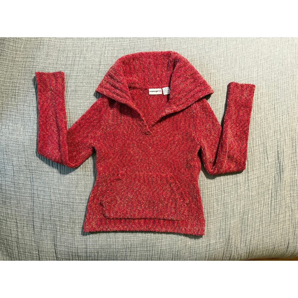 Vintage Y2K Sweater Red Speckled Marled Knit Energie Size L Cowl Neck Stretchy